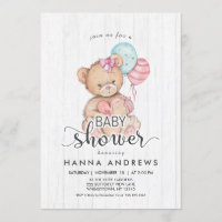 Invitation Baby shower fille ours en bois blanc