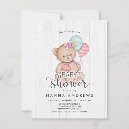 Invitation Baby shower fille ours en bois blanc (Devant)