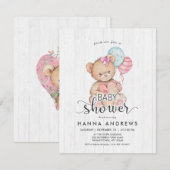 Invitation Baby shower fille ours en bois blanc (Devant / Derrière)