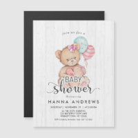 Invitation Baby shower fille ours en bois blanc