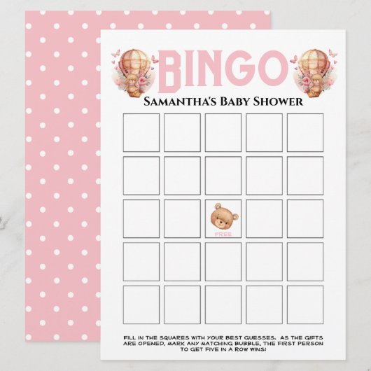 Invitation  Baby Shower Fille Ourson Ballon Rose Bingo  (Devant / Derrière)