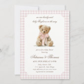 Invitation Baby Shower Fille Ourson Gingham Rose (Devant)