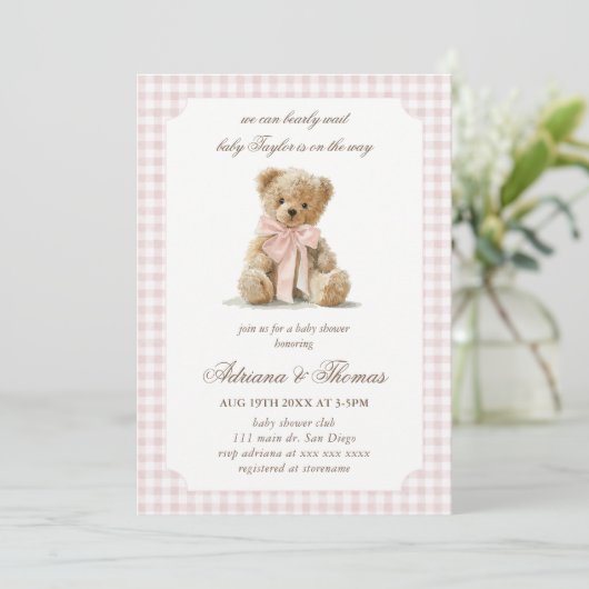 Invitation Baby Shower Fille Ourson Gingham Rose (Debout devant)