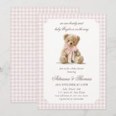 Invitation Baby Shower Fille Ourson Gingham Rose (Devant / Derrière)