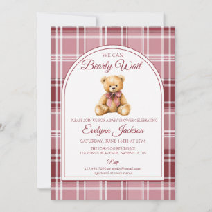 Invitation Baby Shower Fille Ourson Ruban Rose Tartan