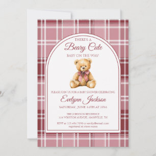Invitation Baby Shower Fille Ourson Ruban Rose Tartan