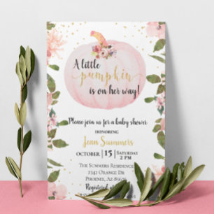 Invitation Baby Shower Fille Pailleté Rose Citrouille Automne