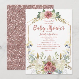 Invitation Baby Shower Fille Pailleté Rose Doré Fleurs Roses
