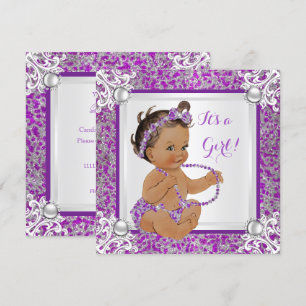 Invitation Baby Shower Fille Paillettes Violet Argent Dentell