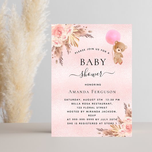 Invitation Baby shower fille pampas teddy ours luxe rose