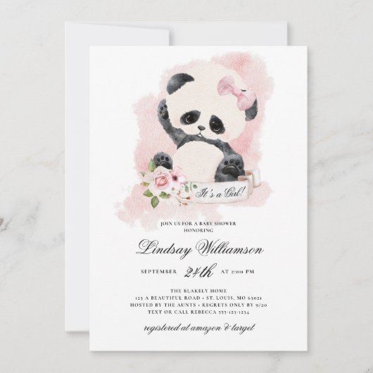 Invitation Baby shower fille Panda (Devant)