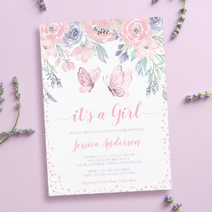Invitation Baby Shower Fille Papillon Floral Rose Violet