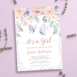 Invitation Baby Shower Fille Papillon Floral Violet Rose