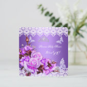 Invitation Baby shower Fille Papillon Purple Rose Lilac Roses (Debout devant)