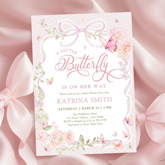Invitation Baby Shower Fille Papillon Rose