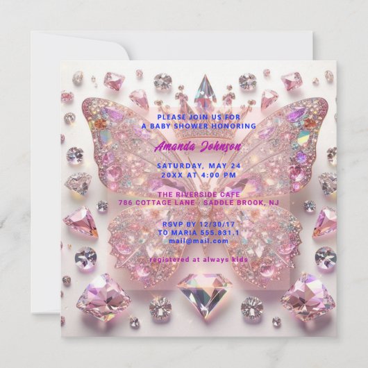 Invitation Baby Shower Fille Papillon Rose Cristaux Diamant (Devant)