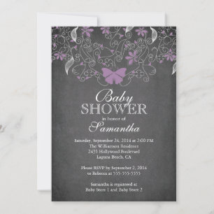 Invitation Baby shower Fille papillon violet Chalkboard