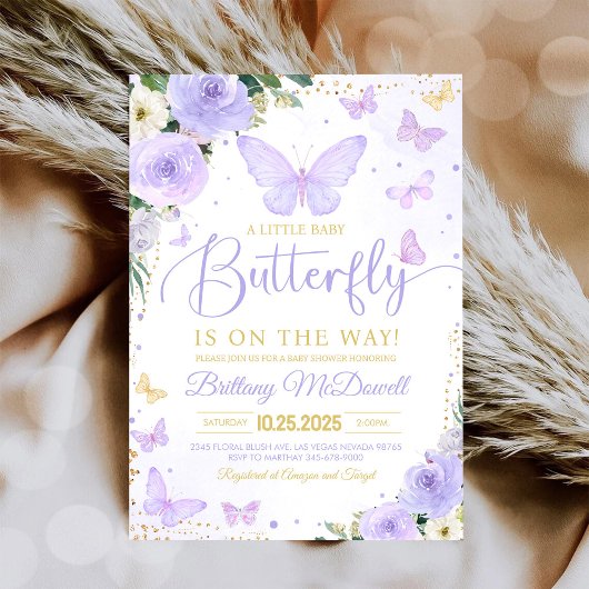 Invitation Baby Shower Fille Papillon Violet & Or