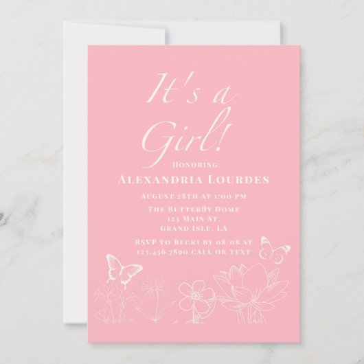 Invitation Baby Shower Fille Papillons & Fleurs Rose Blanc  (Devant)
