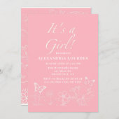 Invitation Baby Shower Fille Papillons & Fleurs Rose Blanc  (Devant / Derrière)