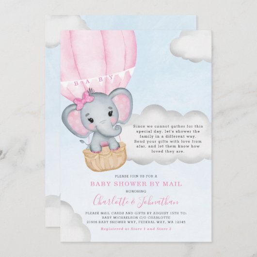 Invitation Baby shower Fille Par Mail Pink Elephant (Devant / Derrière)