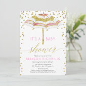 Invitation Baby shower fille parapluie rose et or (Debout devant)