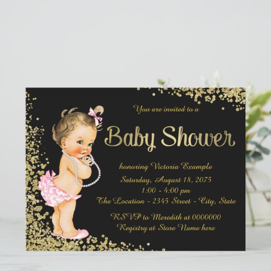 Invitation Baby shower fille Parties scintillant rose noir or (Debout devant)