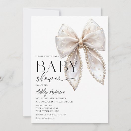 Invitation Baby shower fille Pearl Bow (Devant)
