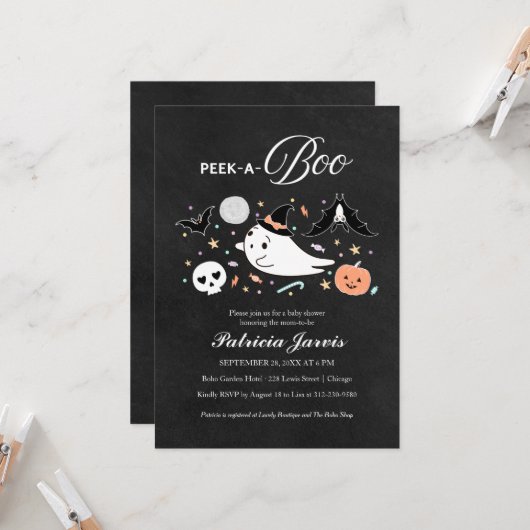 Invitation Baby shower fille Peek-A-Boo Halloween (Devant/Arrière en situation)