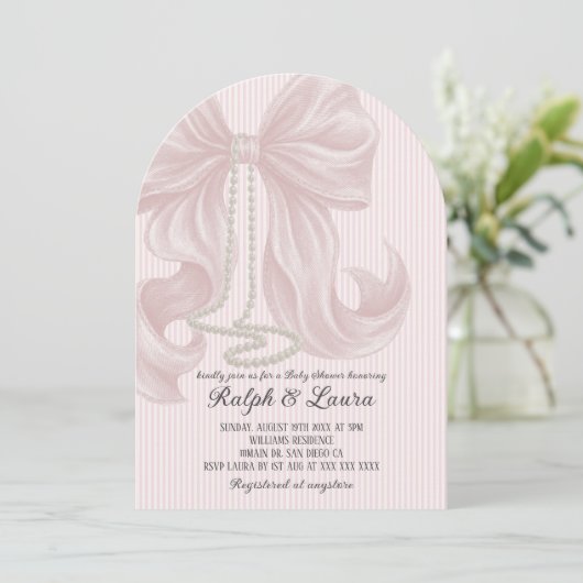 Invitation Baby shower fille perle à noeud rose (Debout devant)