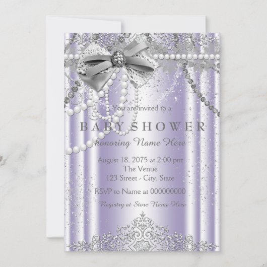 Invitation Baby shower fille perle violet et gris (Devant)