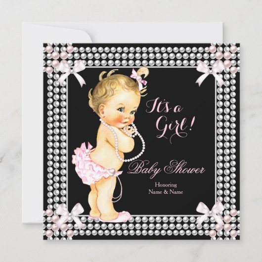 Invitation Baby shower fille perles roses Black Blonde (Devant)