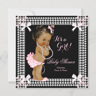 Invitation Baby shower fille perles roses Black Ethnic