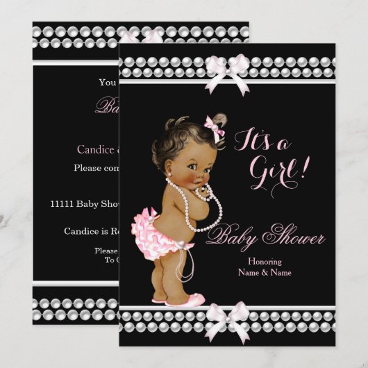 Invitation Baby shower fille perles roses Black Ethnic (Devant / Derrière)