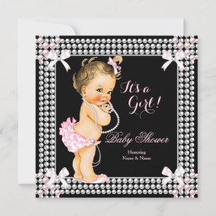 Invitation Baby Shower Fille Perles Roses Noires Brune