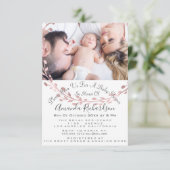 Invitation Baby shower fille photo Rose blanche couronne (Debout devant)