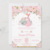 Invitation Baby shower Fille Pink Floral Elephant Stork Bundl (Devant)