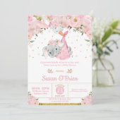 Invitation Baby shower Fille Pink Floral Elephant Stork Bundl (Debout devant)