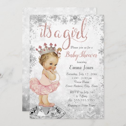 Invitation Baby shower Fille Pink Silver Princess Snowflake (Devant / Derrière)