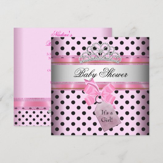 Invitation Baby shower fille Polka Dot rose princesse noire (Devant / Derrière)