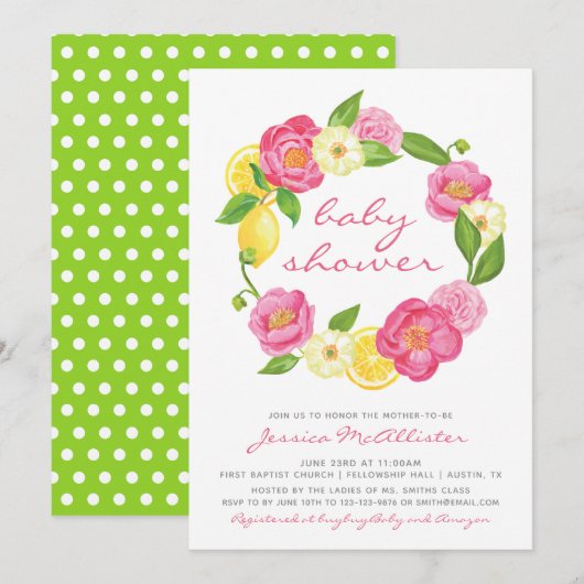 Invitation Baby shower Fille Polkadot Fille Léon Floral (Devant / Derrière)