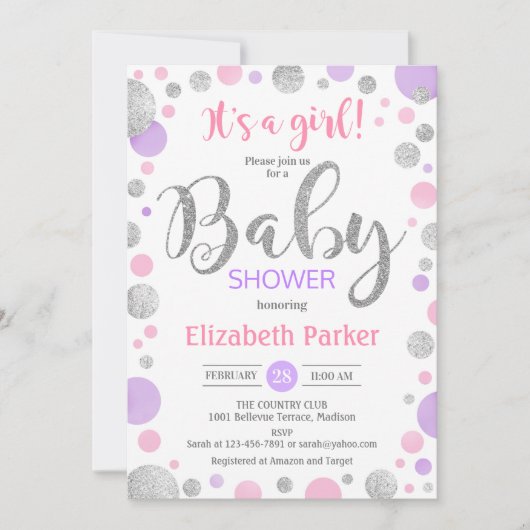 Invitation Baby shower Fille - Pots d'argent violet rose (Devant)