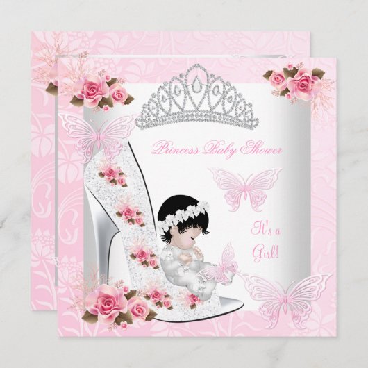 Invitation Baby shower fille princesse papillon Chaussure ros (Devant / Derrière)