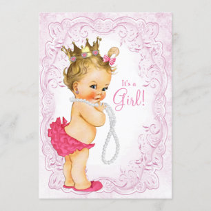 Invitation Baby Shower Fille Princesse Perle Rose Doré Vintag
