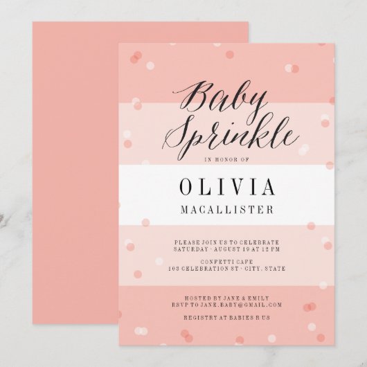 Invitation Baby Shower Fille Rayures Rose Confetti (Devant / Derrière)