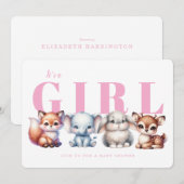 Invitation Baby shower fille rose animal mignonne (Devant / Derrière)