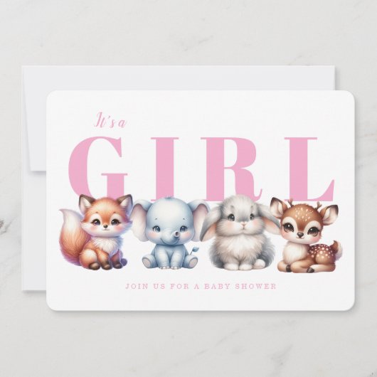 Invitation Baby shower fille rose animal mignonne (Devant)
