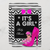 Invitation Baby shower fille rose bébé Chaussure Chevron (Devant / Derrière)