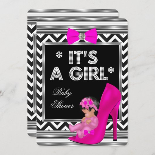 Invitation Baby shower fille rose bébé Chaussure Chevron (Devant / Derrière)