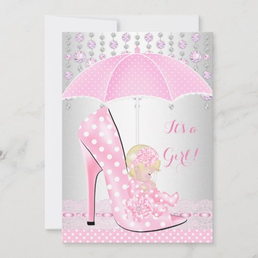 Invitation Baby shower fille rose bébé Chaussure Diamant A2 (Devant)
